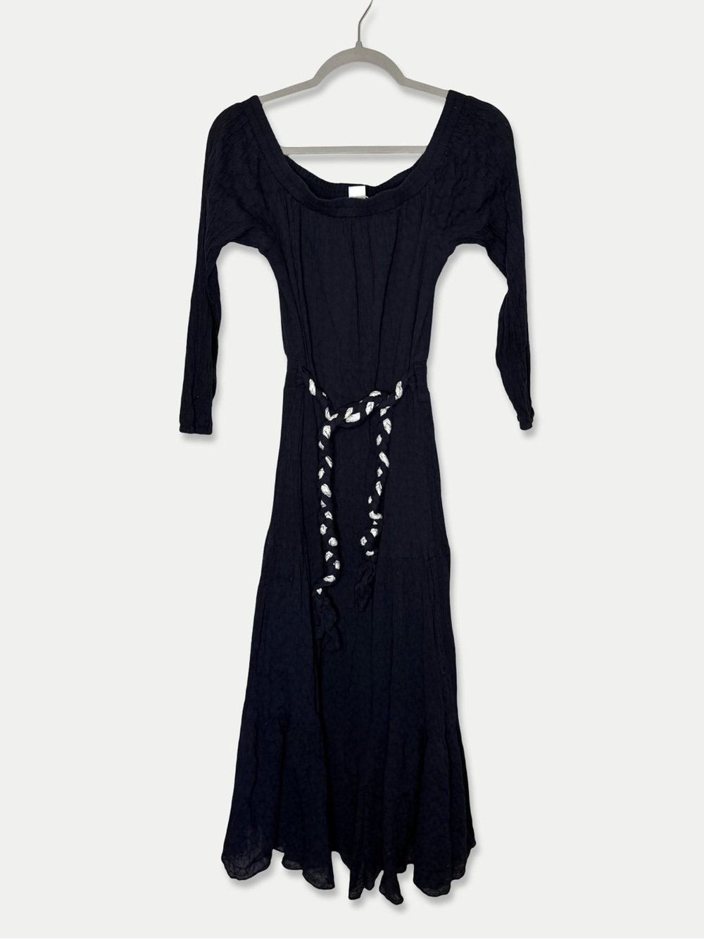 Shoshanna Midi Dress Size 6 Navy Rope Tie Waist Off Shoulder GUC